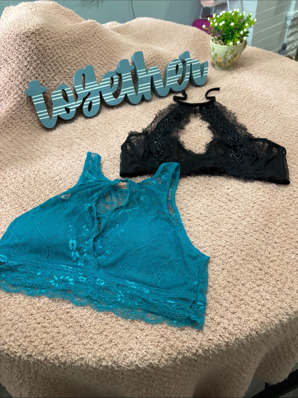 Victoria's Secret Lace Halter Bralettes - Teal & Black Duo